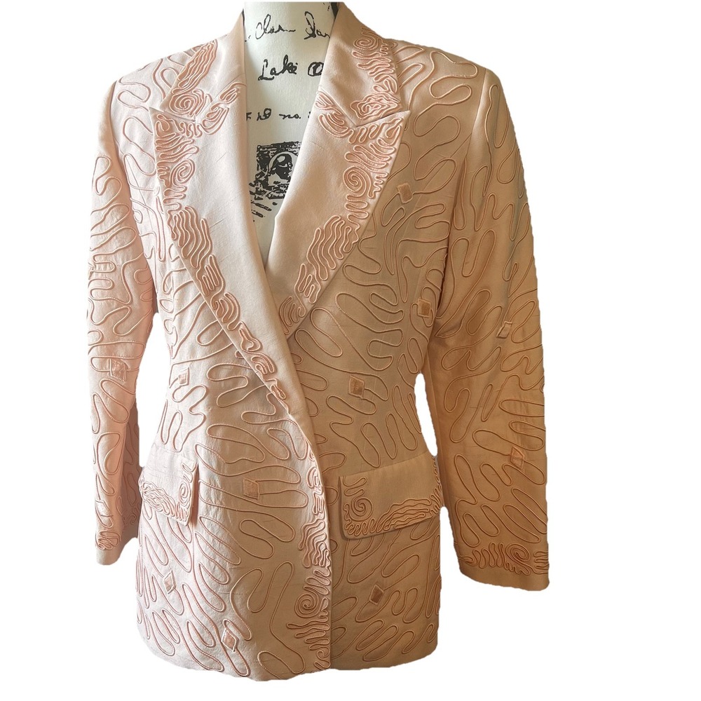 Vtg Anya 100% Silk Embroidered Blazer Jacket Champagne Pink Soutache Art Wear  8